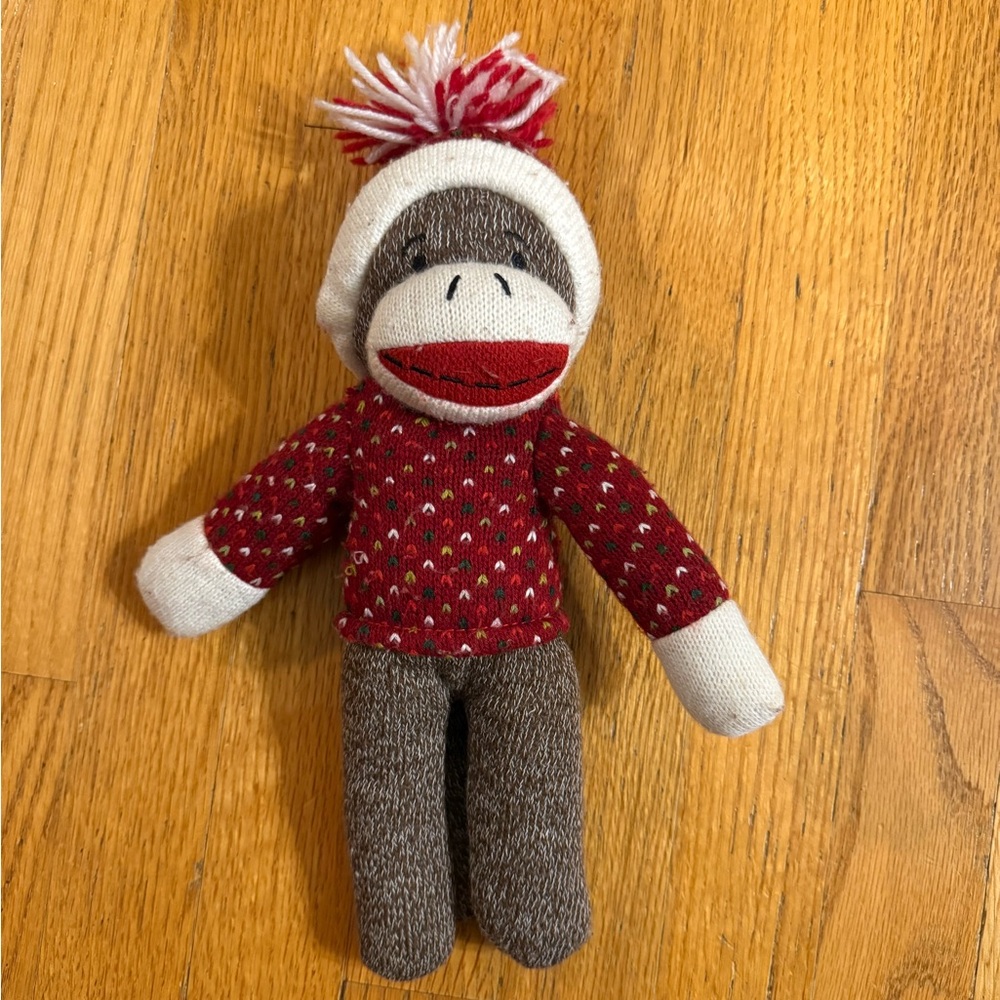 Dan Dee SOCK MONKEY Stuffed Plush 12” Red White Green Sweater & Pom Pom Hat